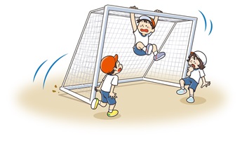 イラスト: 小学生がぶら下がっているサッカーゴールが倒れそうになっているイラスト