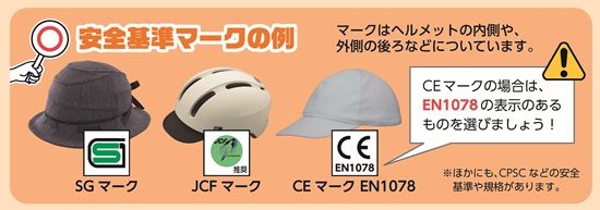 画像:ヘルメットに付いている安全基準マークの例を示した画像