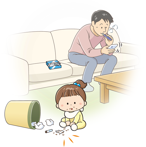 画像: 加熱式たばこを吸いながらソファでくつろぐ保護者と、近くにあるゴミ箱から吸い殻を拾って口に入れている赤ちゃんのイラスト
