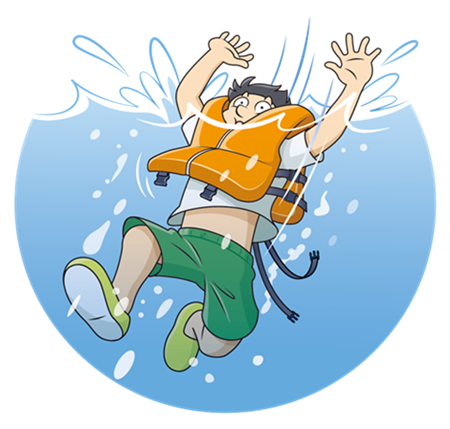 ライフジャケットを適切に着用できていなかったため、水中で脱げそうになっているイラスト