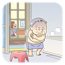 イラスト: 高齢者が寒い風呂場で震えているイラスト