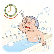 イラスト: 高齢者がのぼせて浴槽内から出られなくなっているイラスト