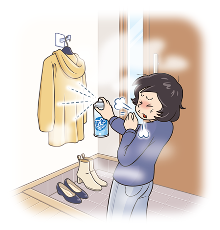 画像:女性がコートに防水スプレーをかけているが、霧状になった撥水剤を吸い込んで咳き込んでいる