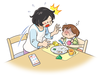 画像:遊びながら食事をしていたこどもが豆ご飯を喉に詰まらせ、横に座っていた母親が慌てる様子のイラスト