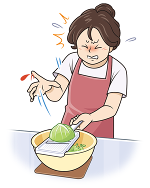 スライサーでキャベツをスライスしていて指をケガする女性のイラスト