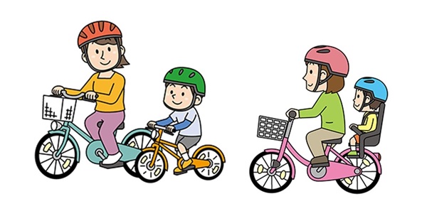 画像:大人と子どもが連れ立って自転車を漕いでいる様子、大人が自転車後部の子ども座席にこどもを乗せて自転車を漕いでいる様子