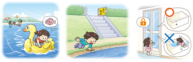 左:海。こどもが一人でアヒル型のフロートに乗り遊んでいるうちに、少しずつ沖に流されていく様子。真ん中:池。立入禁止区域に入ったこどもが、水辺から池に転落しそうになっている様子。右:浴室。こどもがドアを開けようとしているが、鍵がかかっていて入れない様子。吹き出しで、水が抜いてある浴槽のイラストに丸印、水をはったままのイラストにバツ印。