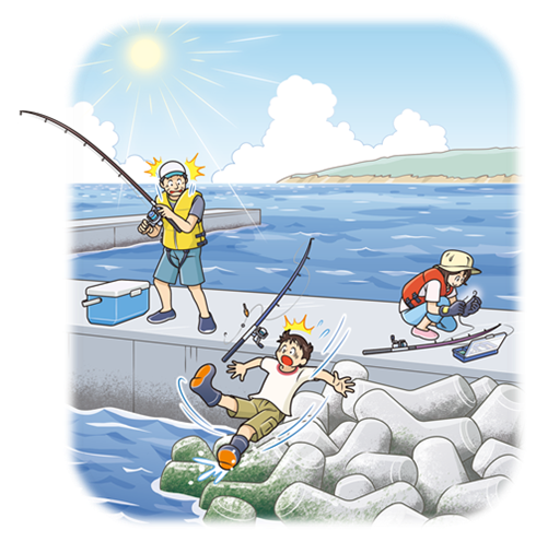 海で魚釣りをしている子どもが、濡れた岩場で足を滑らせている。