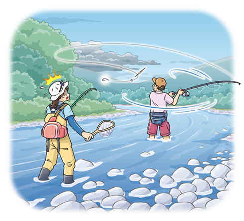 川で魚釣りをしている人が、周囲の安全確認をせずに釣り針付きの竿を振り、近くの人物が驚いている。