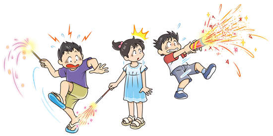 こども3人で花火をしている様子