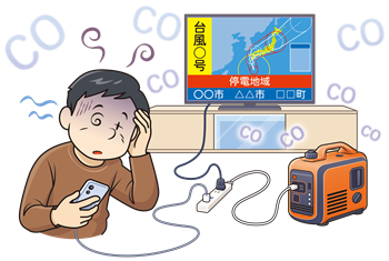 屋内で携帯型発電機を使用し軽い一酸化炭素中毒になっている様子