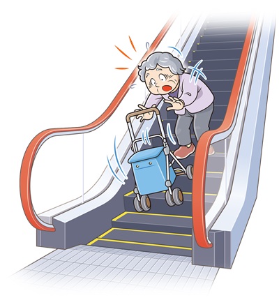 図:エスカレーターで高齢の女性がキャリーバッグを手放し転倒しそうなイラスト