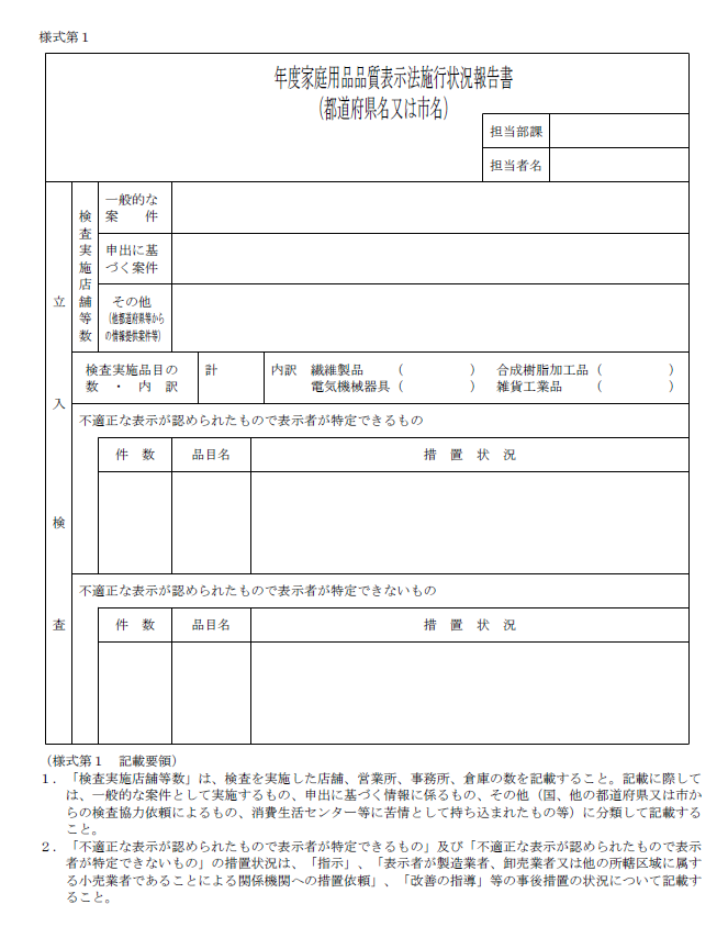 様式1 年度家庭用品品質表示法施行状況報告書