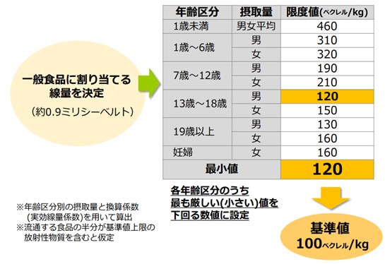 基準値に対する考え方として、年齢を考慮した区分ごとに線量の限度を割り出そうという考え方があります。一般食品に割り当てられる線量は飲料水の割当て分を引いた約0.9ミリシーベルトです。年齢区分別に、年間の摂取量と各年齢区分に相当する実効線量係数を基に求められた値が放射性セシウム濃度の限度値となり、1歳未満の男女平均の摂取量で限度値は460Bq/kg、1～6歳の男性の摂取量で限度値は310Bq/kg、女性の摂取量で限度値が320Bq/kg、7～12歳の男性の摂取量で限度値は190Bq/kg、女性の摂取量で限度値が210Bq/kg、13～18歳の男性の摂取量で限度値が120Bq/kg、女性の摂取量で限度値が150Bq/kg、19歳以上の男性の摂取量で限度値が130Bq/kg、女性の摂取量で限度値が160Bq/kg、妊婦の摂取量で限度値が160Bq/kgとなっています。なお、この限度値はセシウム以外の影響も考慮した上で計算されています。その結果、年齢が13～18歳までの男性の限度値が最も厳しい120Bq/kgという値になりました。基準値の設定において、どの年齢層の人でも安全が確保されるため、120Bq/kgを安全側に切り下げた100Bq/kgに設定されました。